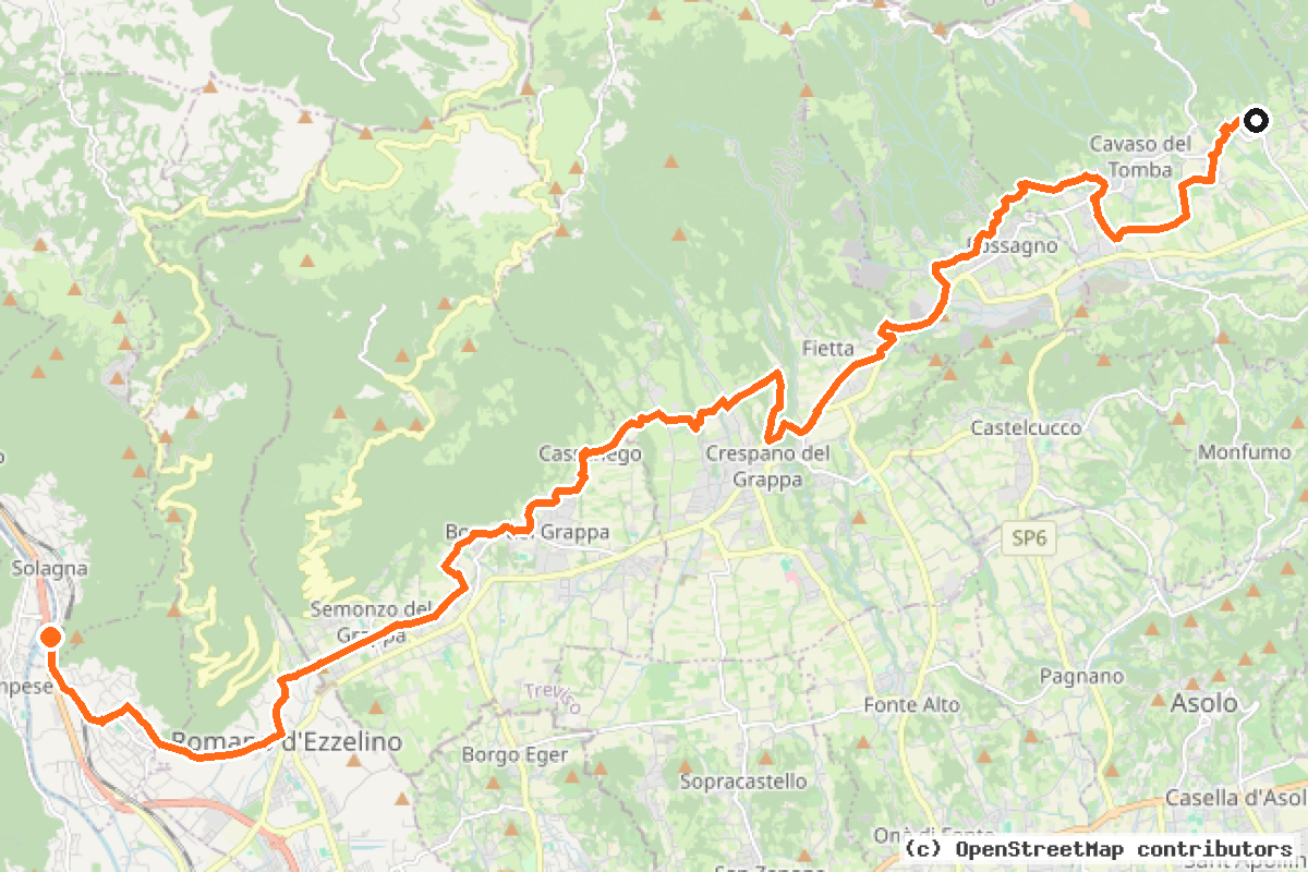 Il tracciato del percorso Anello ciclabile del Grappa