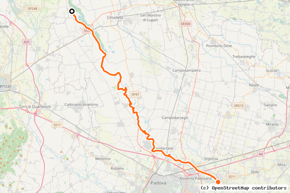 Il tracciato del percorso Ciclovia del Brenta