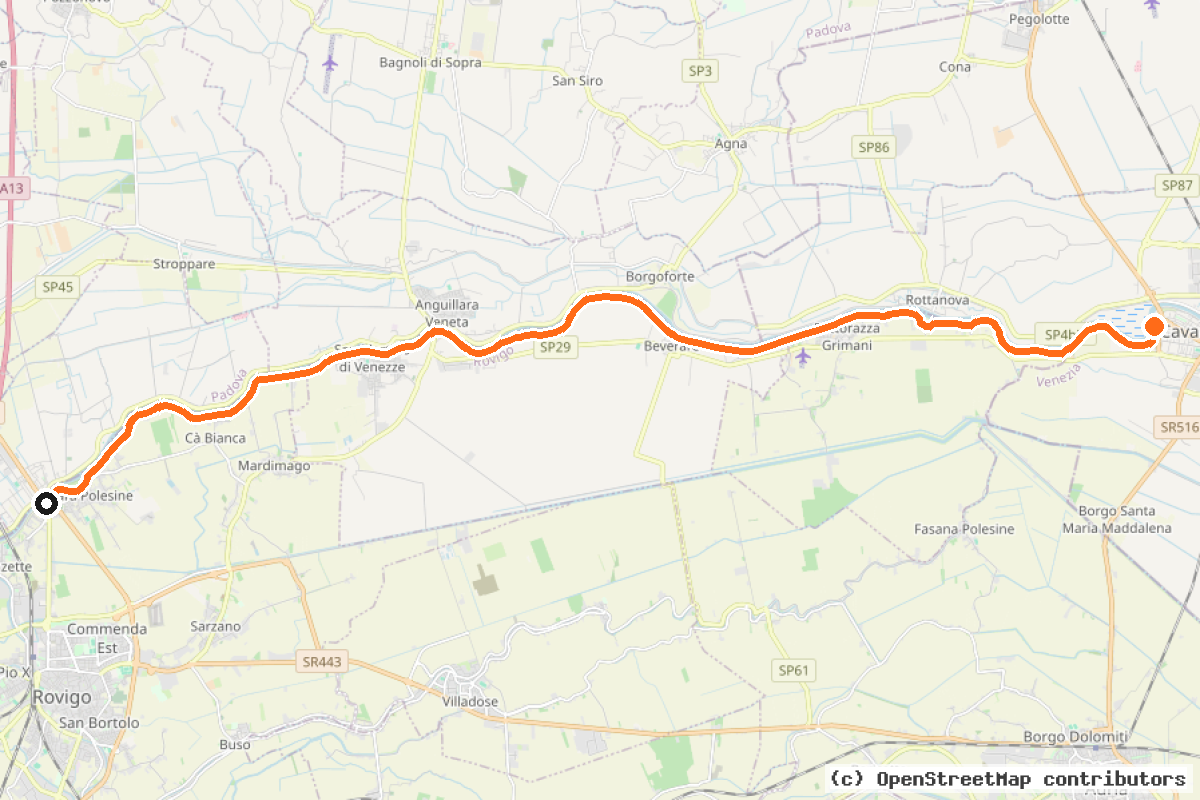 Il tracciato del percorso Ciclovia Destra Adige (RO 2)