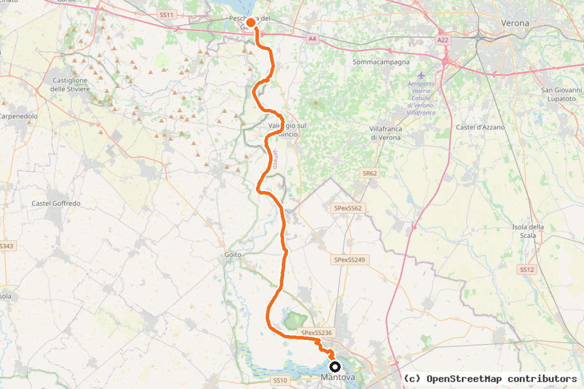 Il tracciato del percorso Ciclovia Mantova-Peschiera (MN1)