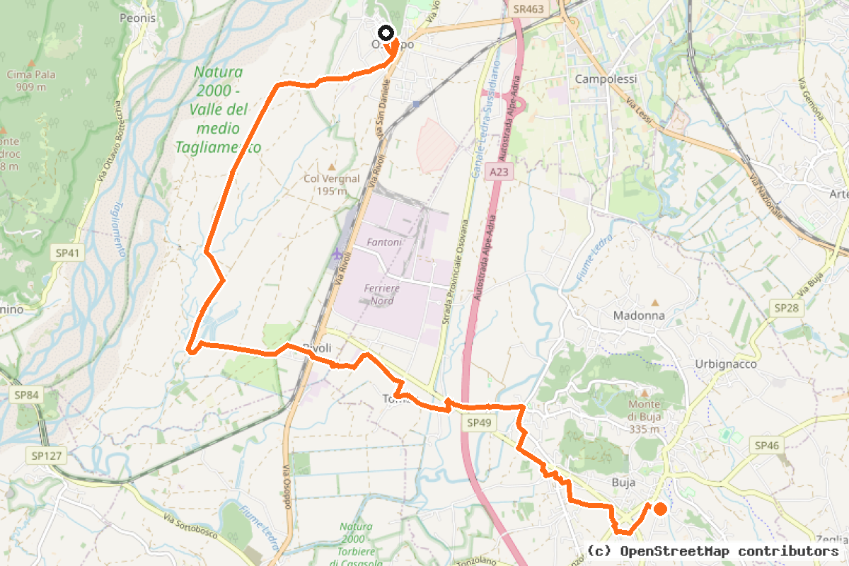 Il tracciato del percorso Alpe Adria Bicycle Route (Osoppo var) (CAAR var Os)