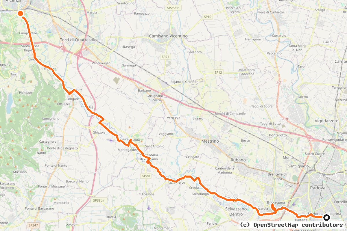 Il tracciato del percorso Dal Lago di Garda a Venezia (part Vicenza-Padova) (I1)