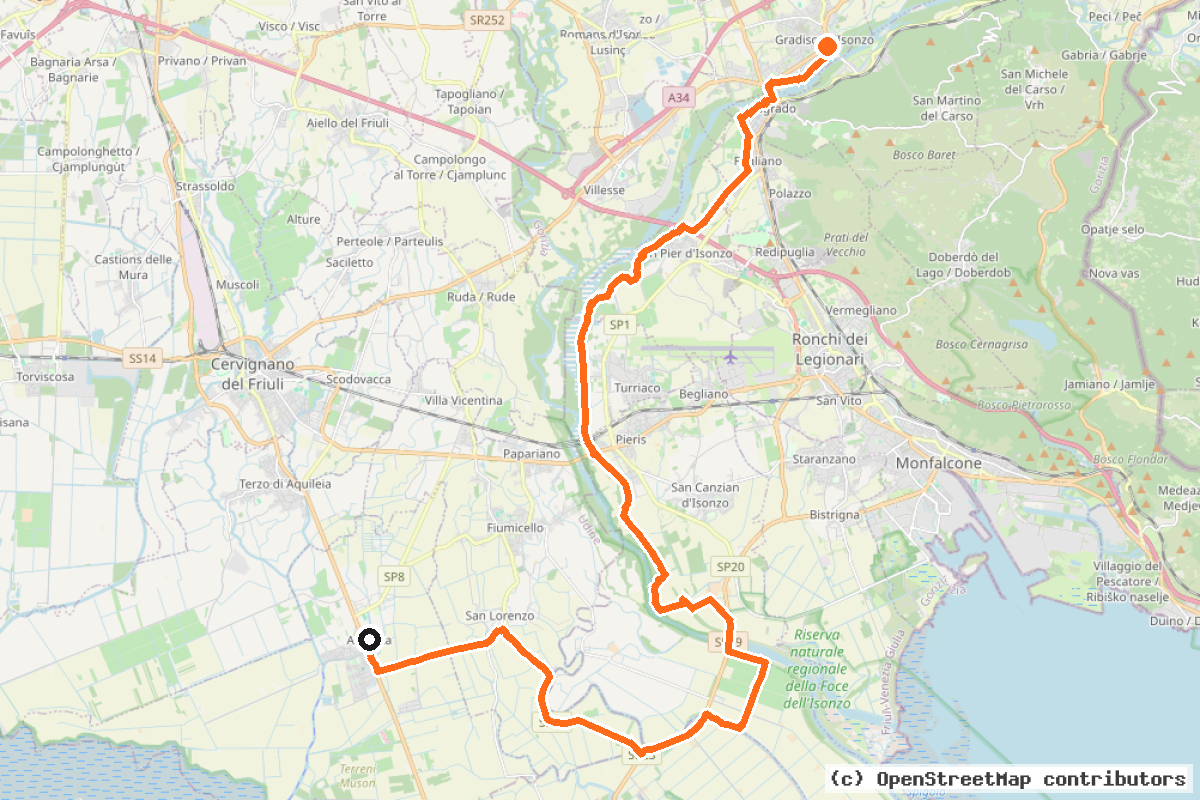 Il tracciato del percorso Amare in bici n.11 (11. Aquileia – Gradisca d’Isonzo)