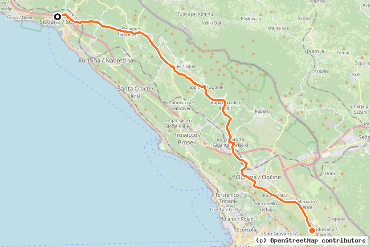 Il tracciato del percorso Ciclovia Variante del Carso (FVG2b)