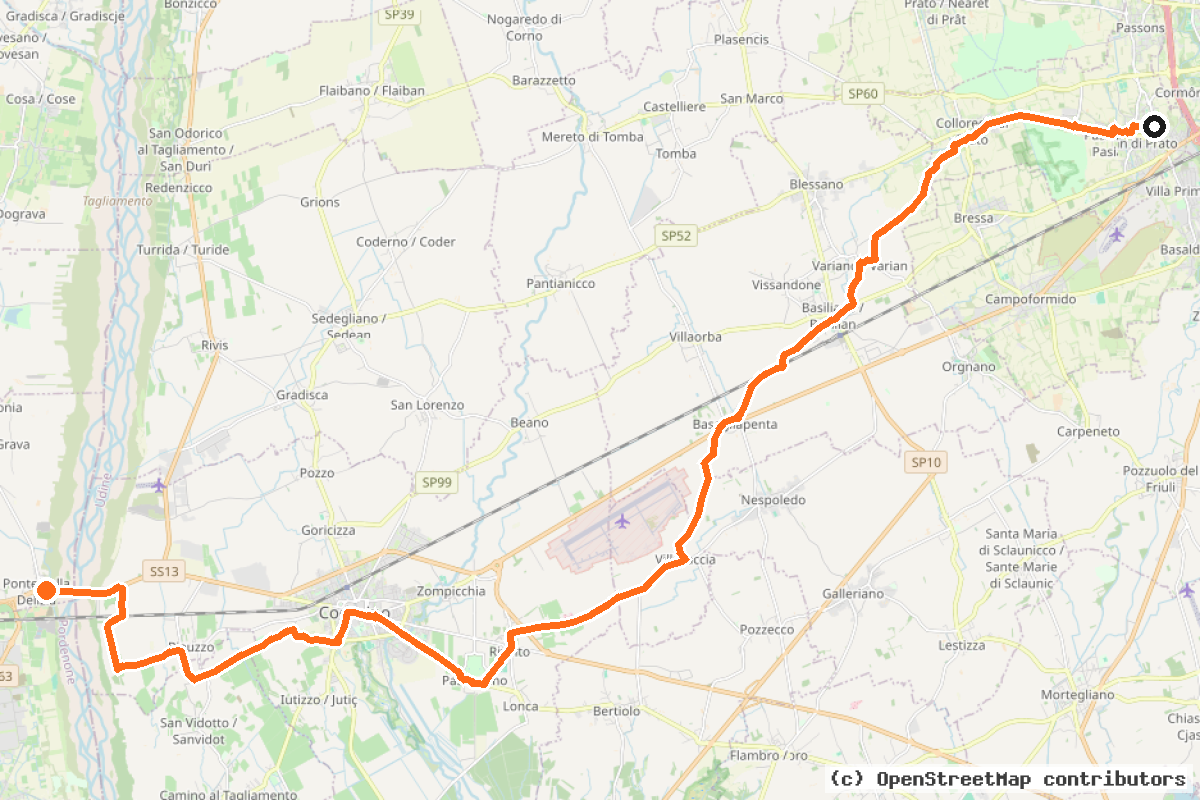 Il tracciato del percorso FVG 4 – Ciclovia delle Pianure