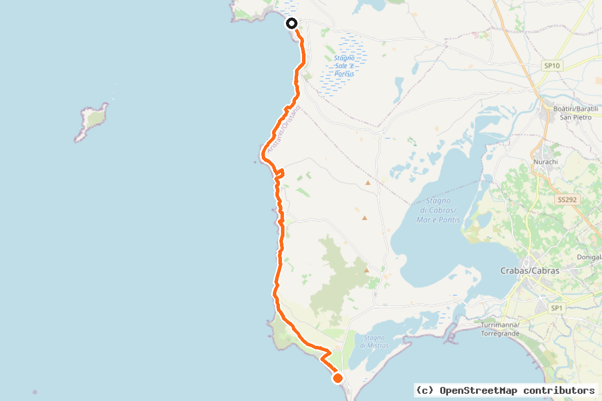 Il tracciato del percorso Ciclovia della Sardegna Oristano-Bosa (CS15)