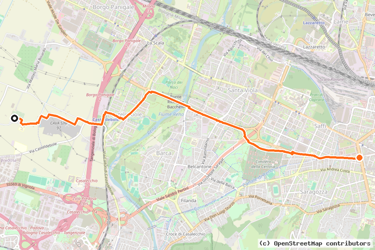 Il tracciato del percorso Bologna-Parco Città Campagna (BO4)