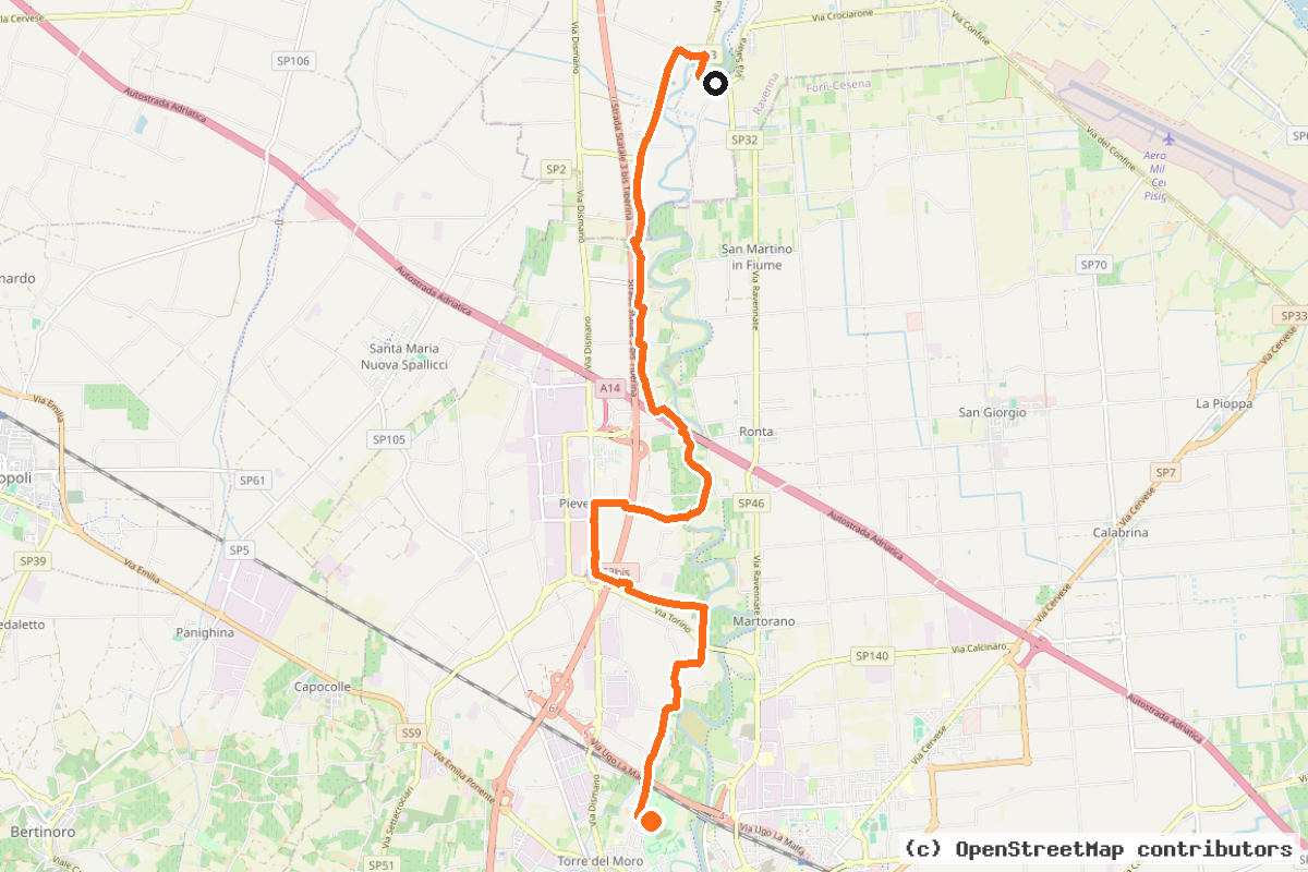 Il tracciato del percorso Ciclabile del Savio (8a)