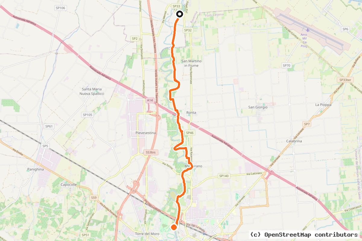 Il tracciato del percorso Ciclabile del Savio – 11 km