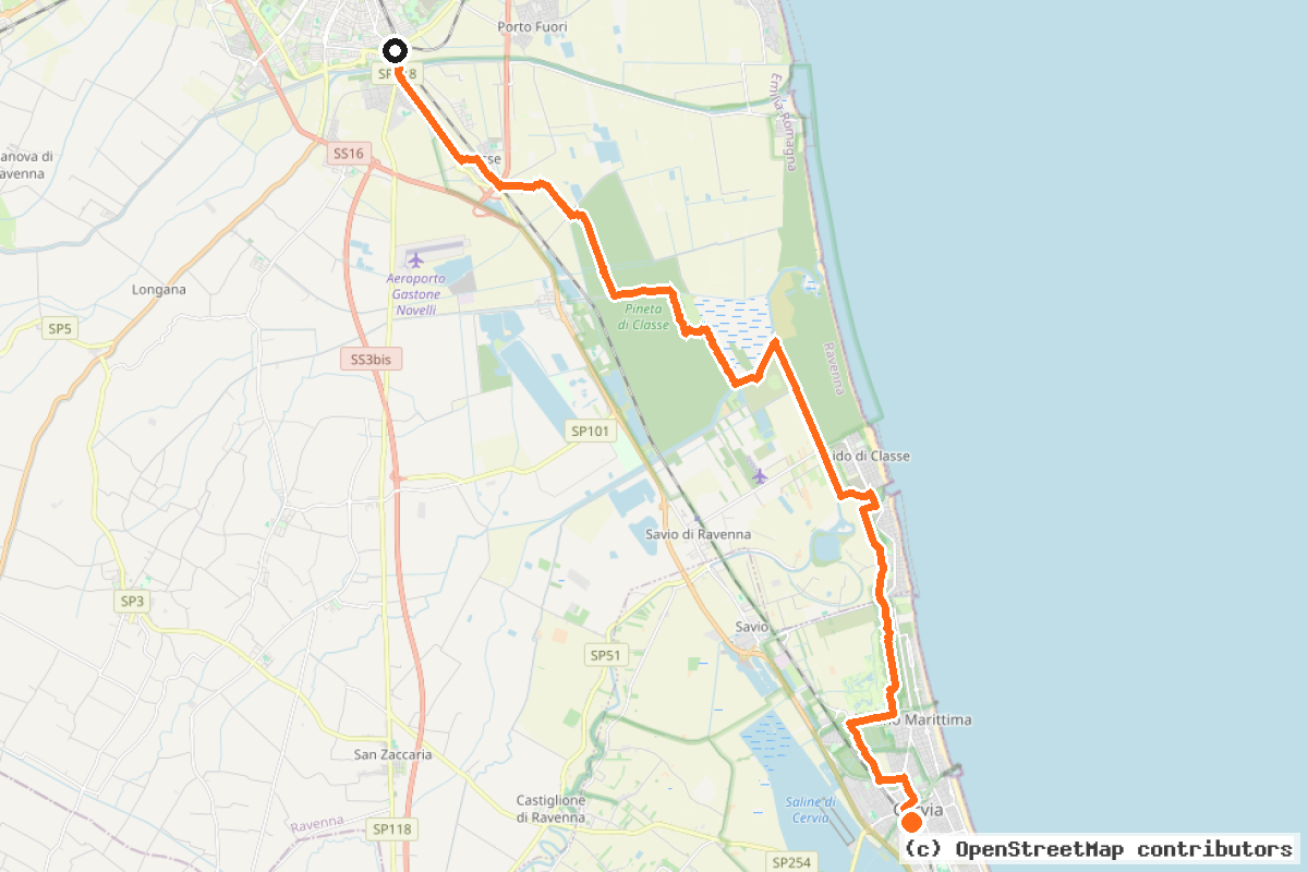 Il tracciato del percorso Ciclabile Ravenna-Cervia