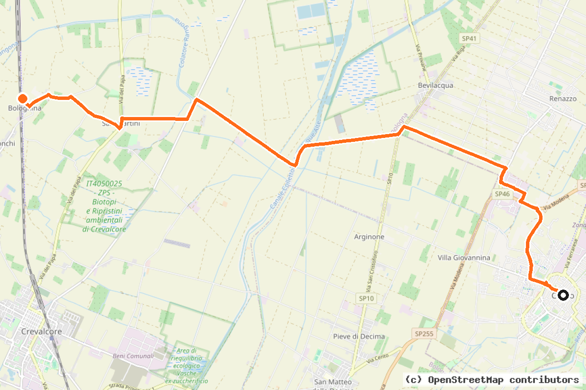Il tracciato del percorso Ciclovia Bolognina-Cento