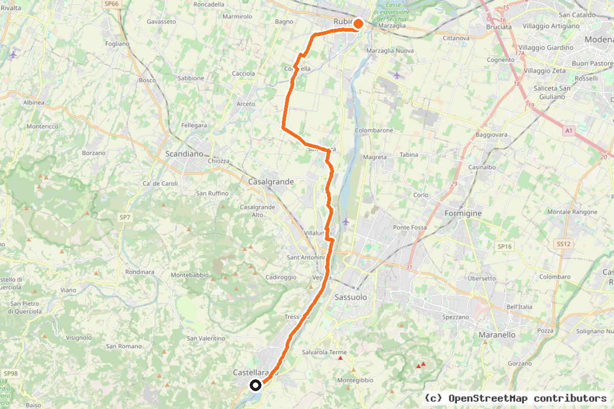 Il tracciato del percorso Ciclovia del Confine Modenese (RE17)