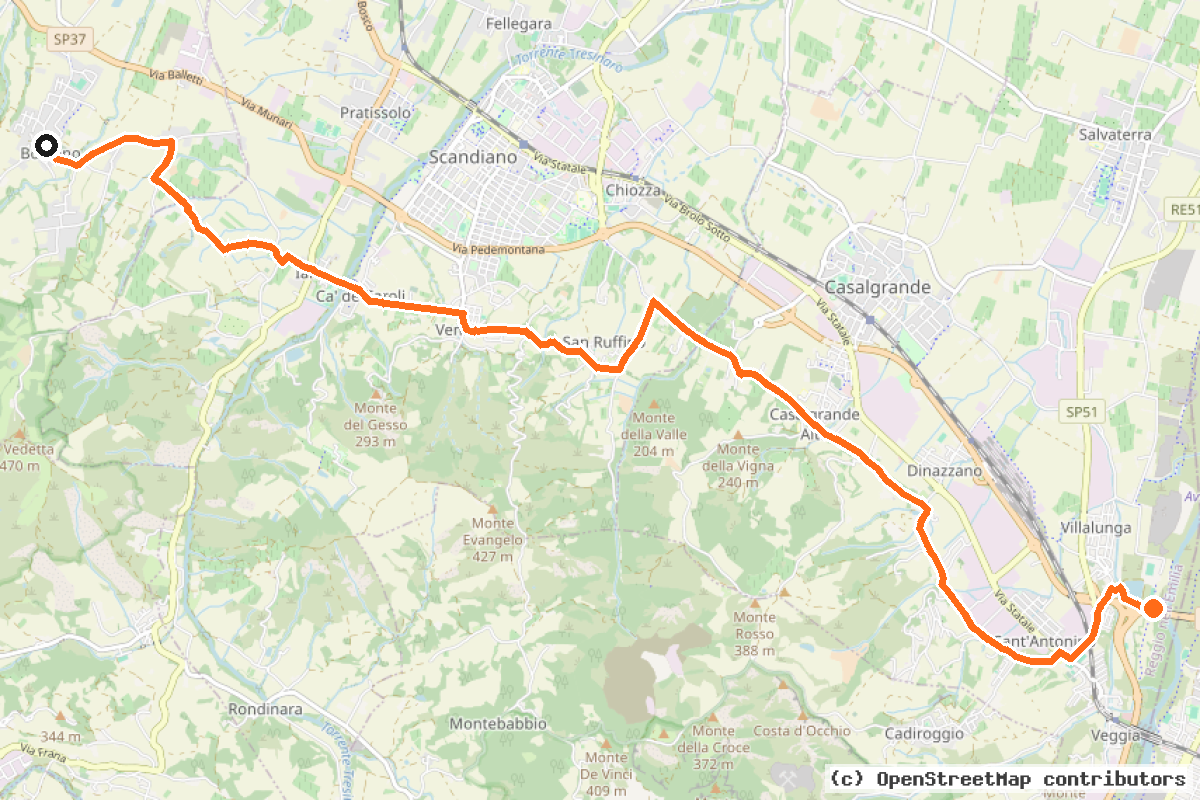 Il tracciato del percorso Ciclovia Pedecollinare (RE16)