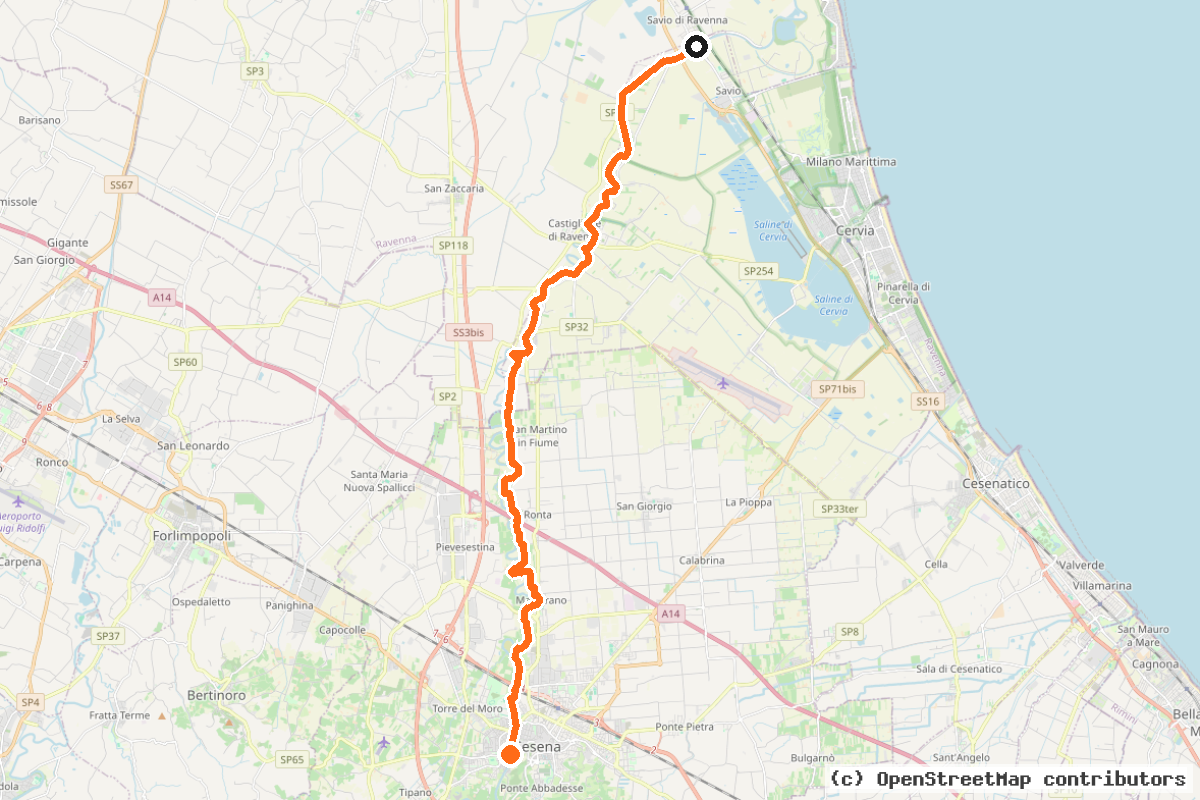Il tracciato del percorso Itinerario del Savio – Via dei Romei