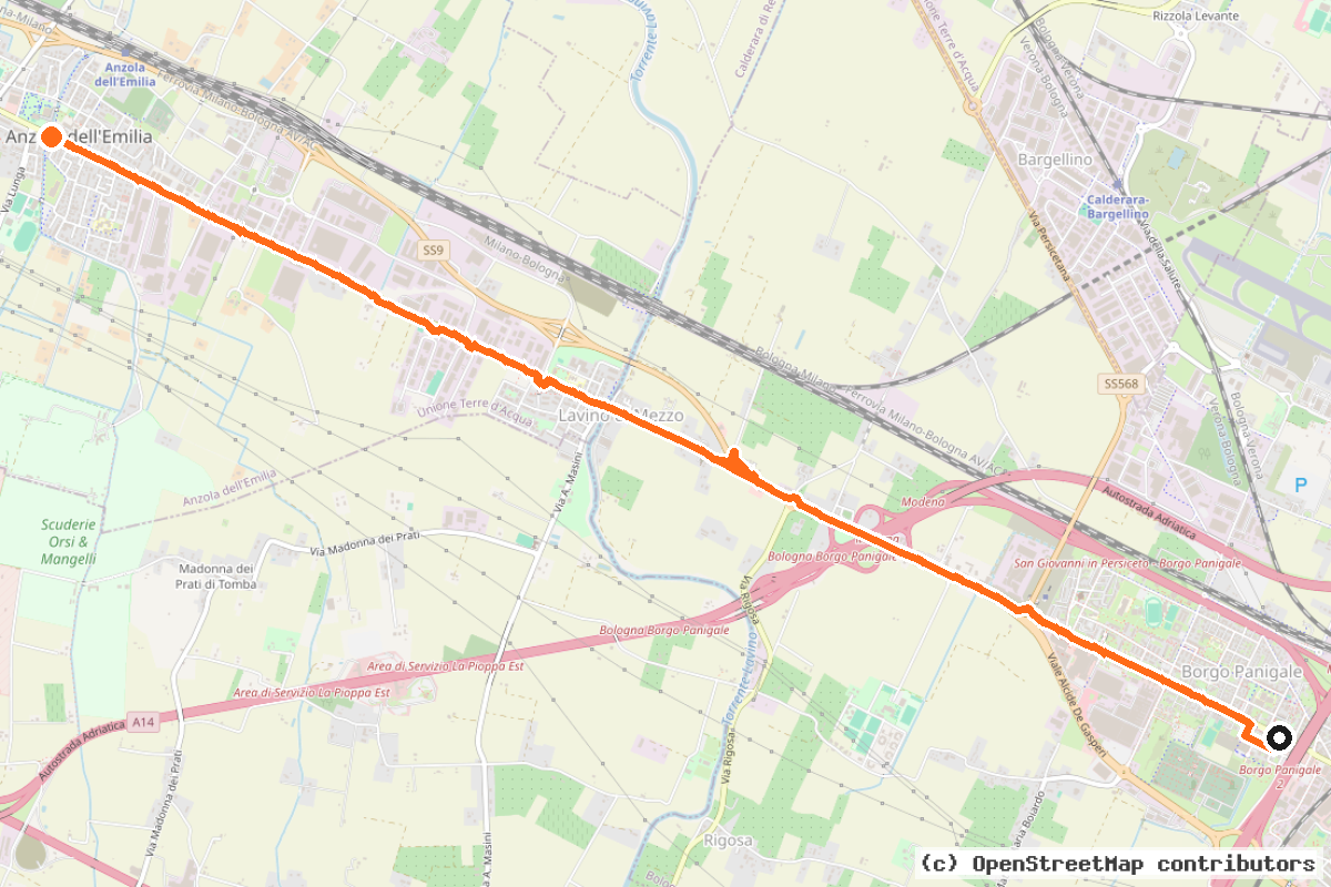 Il tracciato del percorso Samoggia-Imola (BO1)