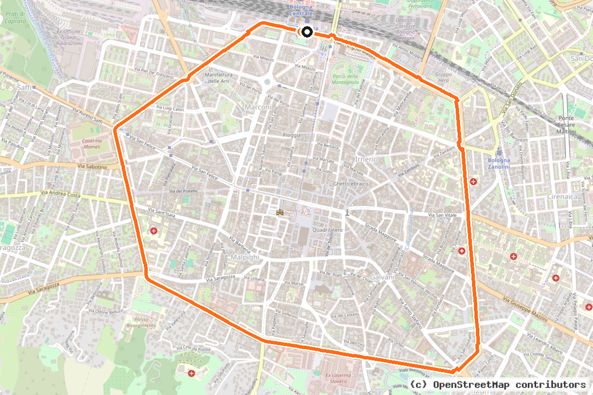Il tracciato del percorso Tangenziale delle Biciclette (BO T1)