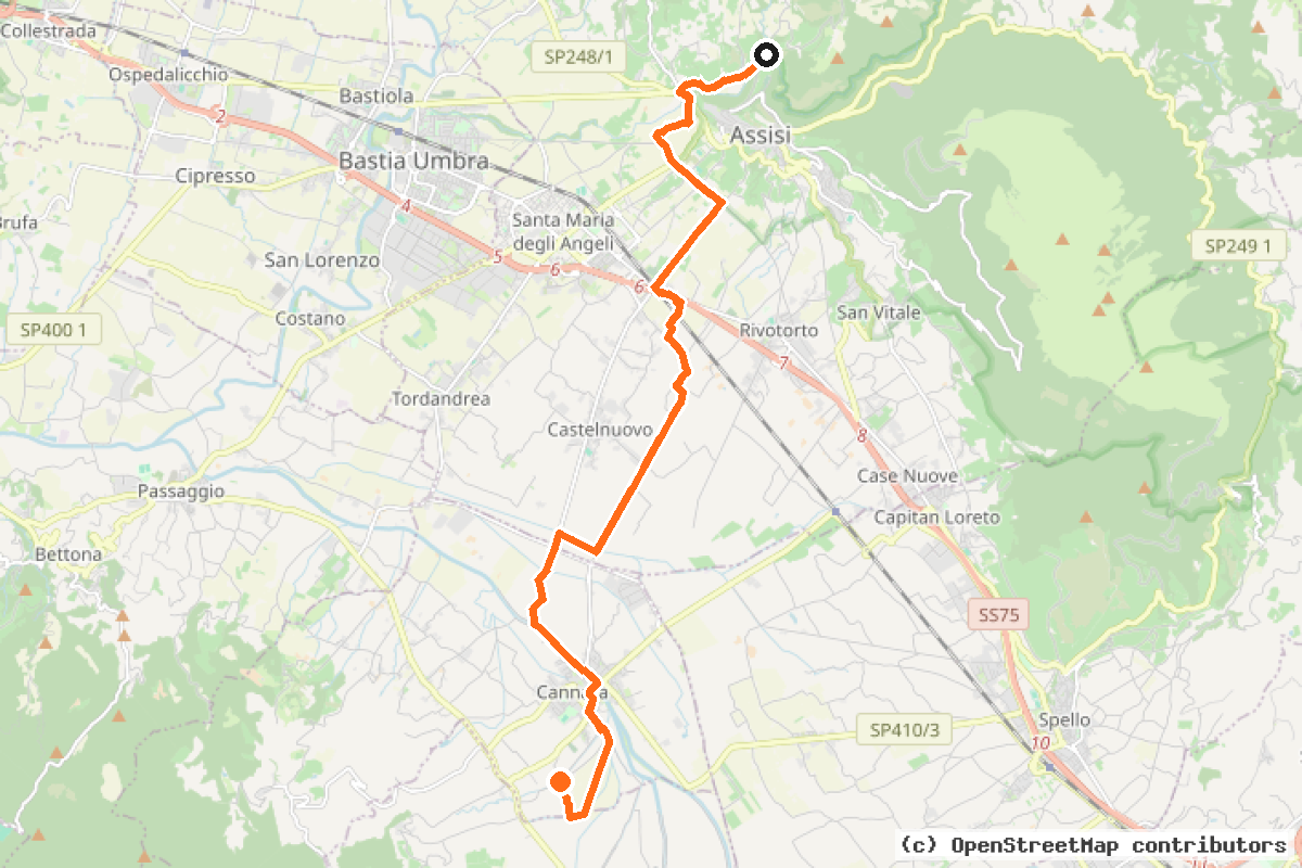 Il tracciato del percorso Assisi-Cannara : il sentiero della predica agli uccelli dal bosco di S. Francesco a Piandarca