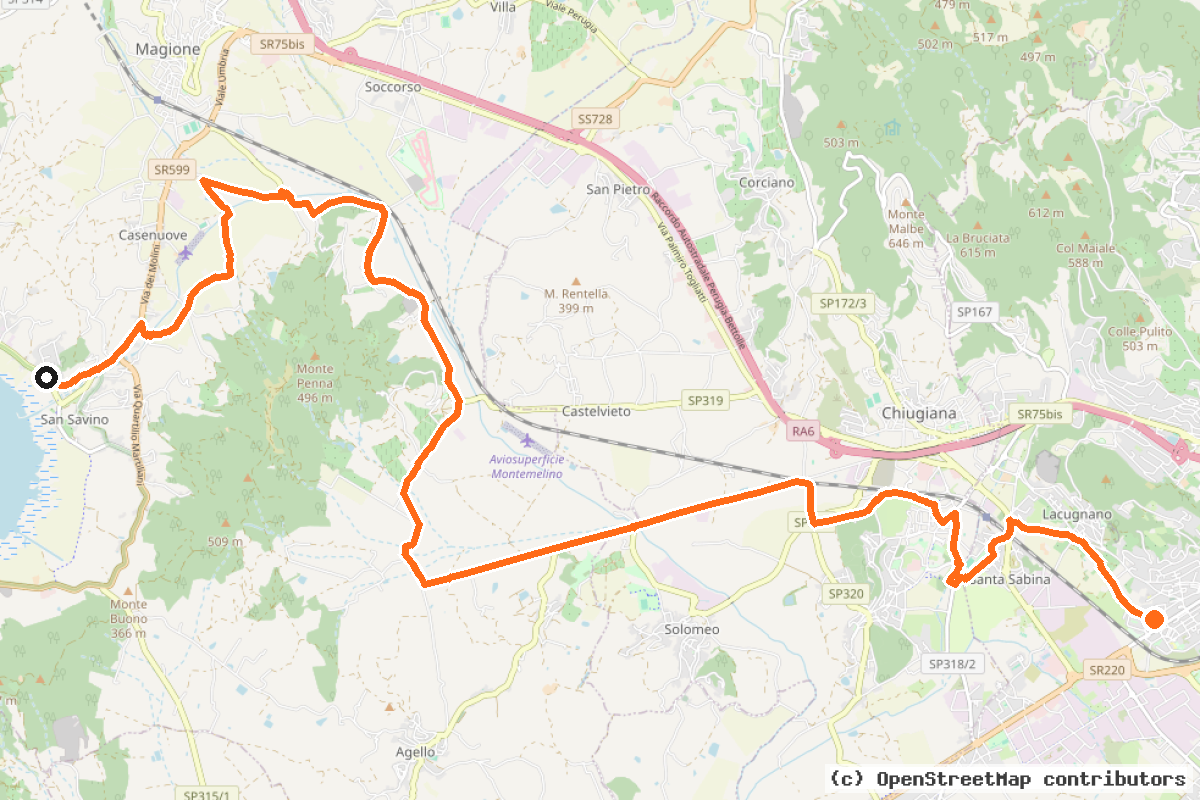 Il tracciato del percorso Ciclovia Perugia – Trasimeno