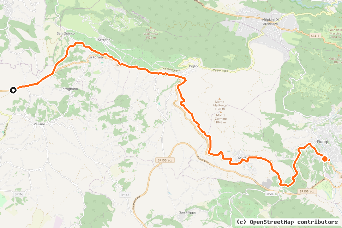 Il tracciato del percorso Ciclabile Piglio-Fiuggi (Sedime ex Ferrovia)