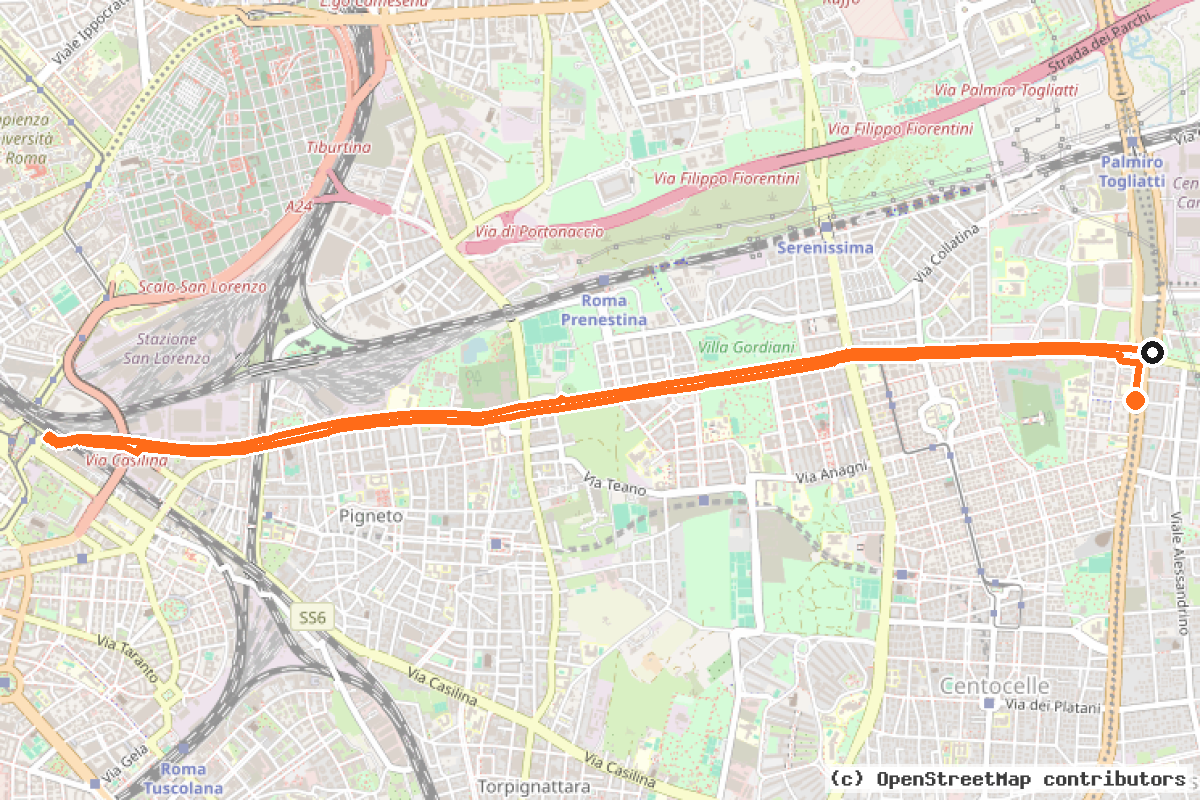 Il tracciato del percorso Ciclabile Prenestina