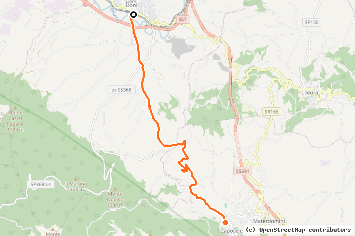 Il tracciato del percorso Ciclovia delle Acque Ofanto-Sele: Caposele-Lioni