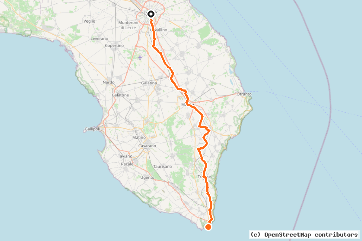 Il tracciato del percorso S02c – Lecce – Santa Maria di Leuca (S02d)