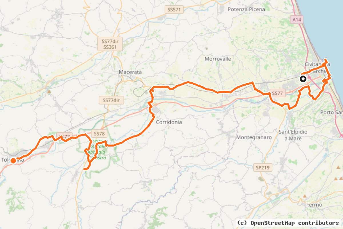 Il tracciato del percorso La Via delle Abbazie (in bici)