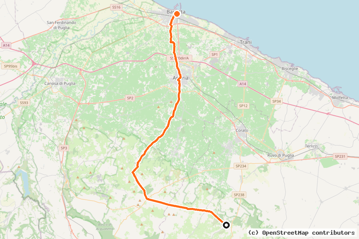 Il tracciato del percorso BARLETTA – CASTEL DEL MONTE – SAN MAGNO (B02a)