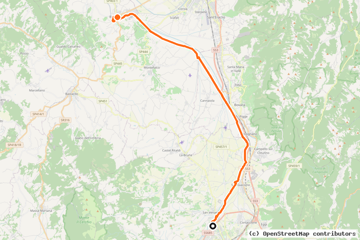 Il tracciato del percorso Ciclovia Spoleto-Assisi