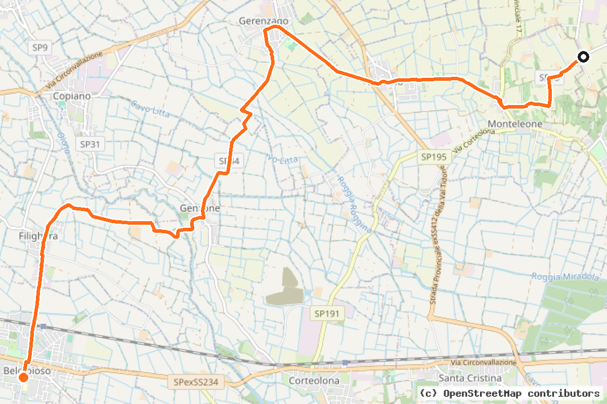 Il tracciato del percorso Belgioioso – Sant’Angelo Lodigiano