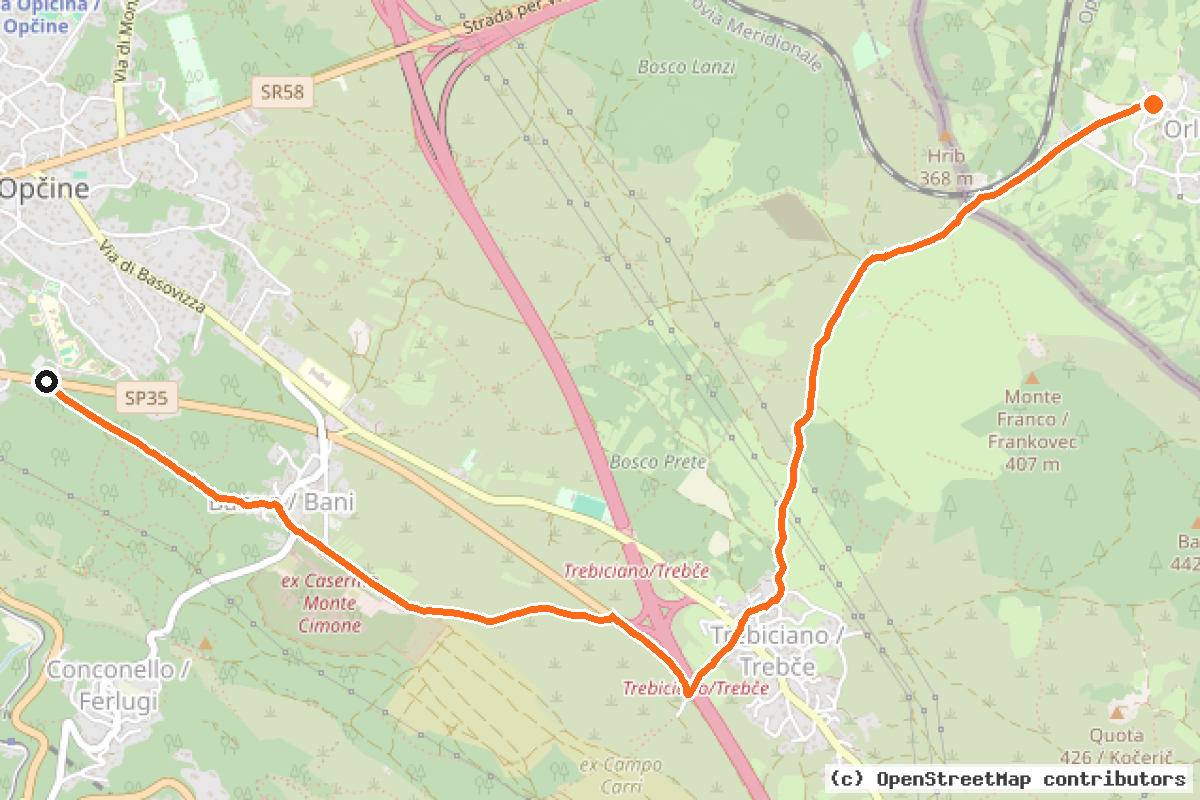 Il tracciato del percorso Opicina / Opčine – Orlek