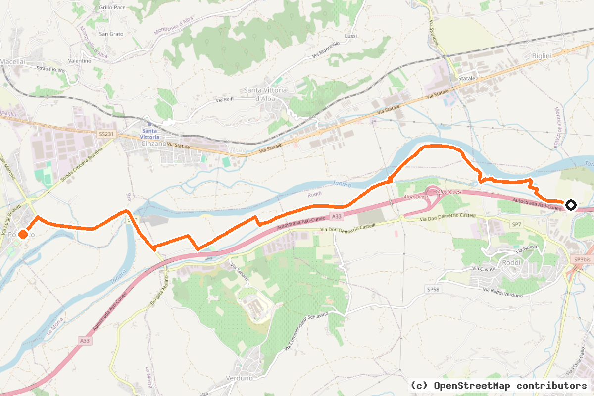Il tracciato del percorso Ciclovia del Tanaro da Alba a Pollenzo