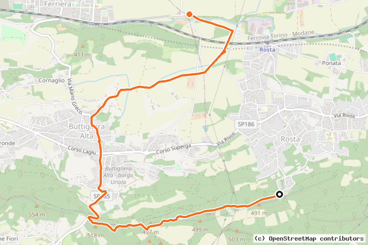 Il tracciato del percorso Ciclovia Terre dell’Ovest – La via dei Pellegrini (Rivoli – Buttigliera Alta) (O5)
