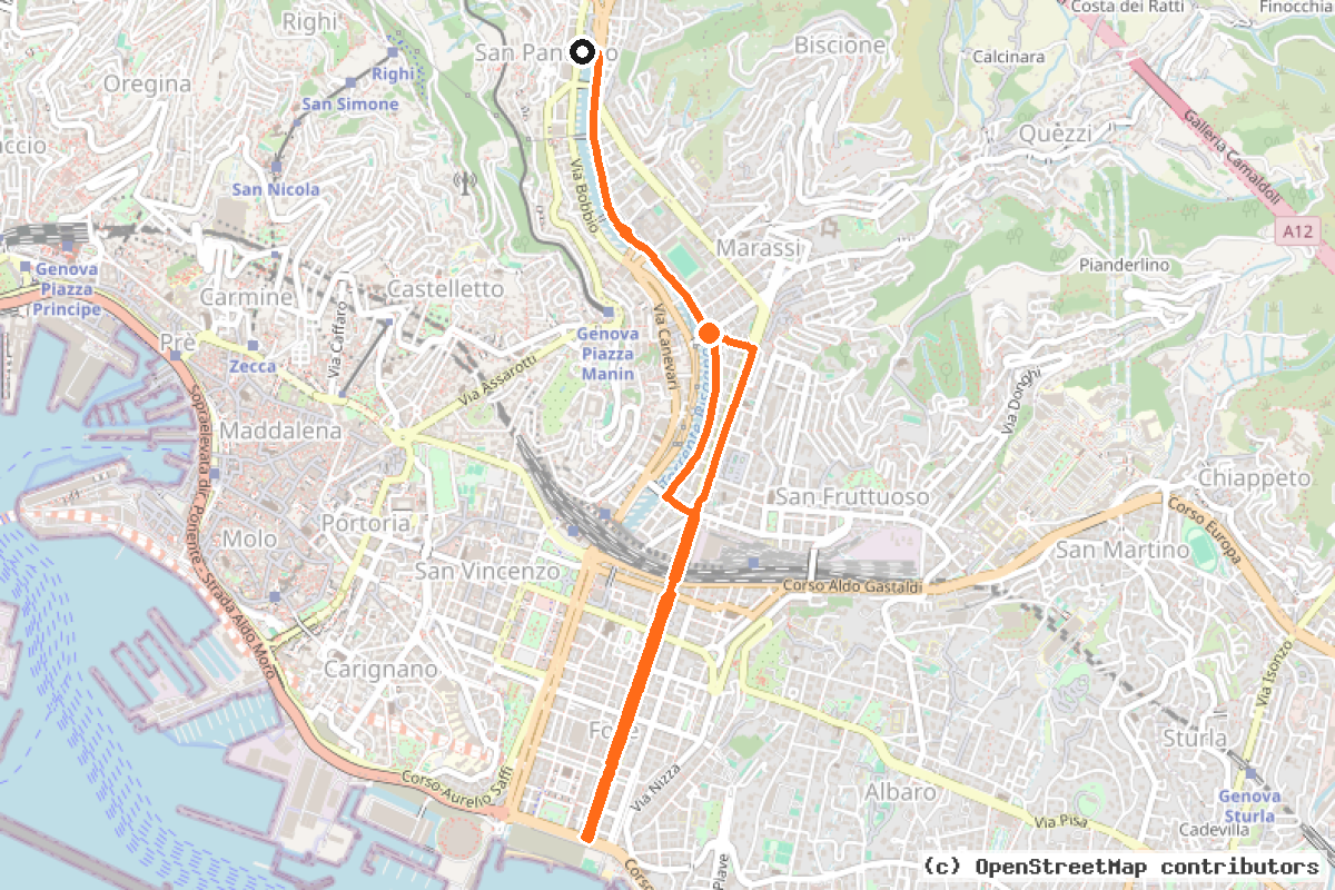 Il tracciato del percorso Ciclovia Foce – Staglieno