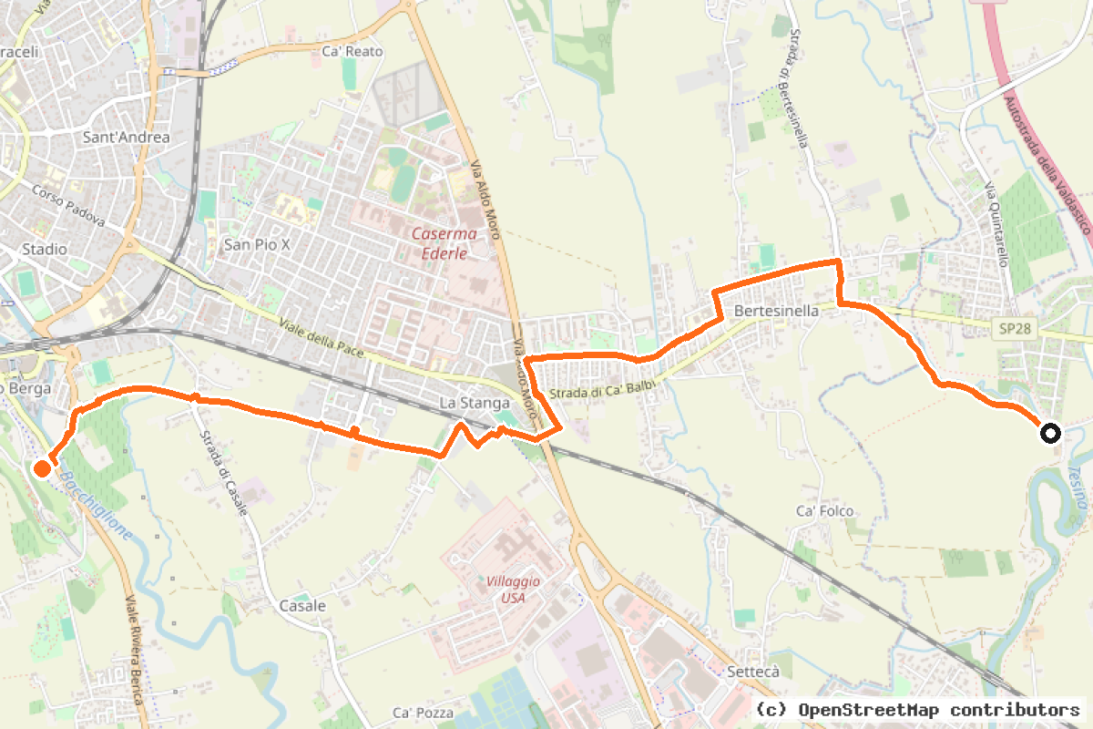 Il tracciato del percorso Collegamento Vicenza – ciclovia Media Pianura Veneta (VI-MPV)