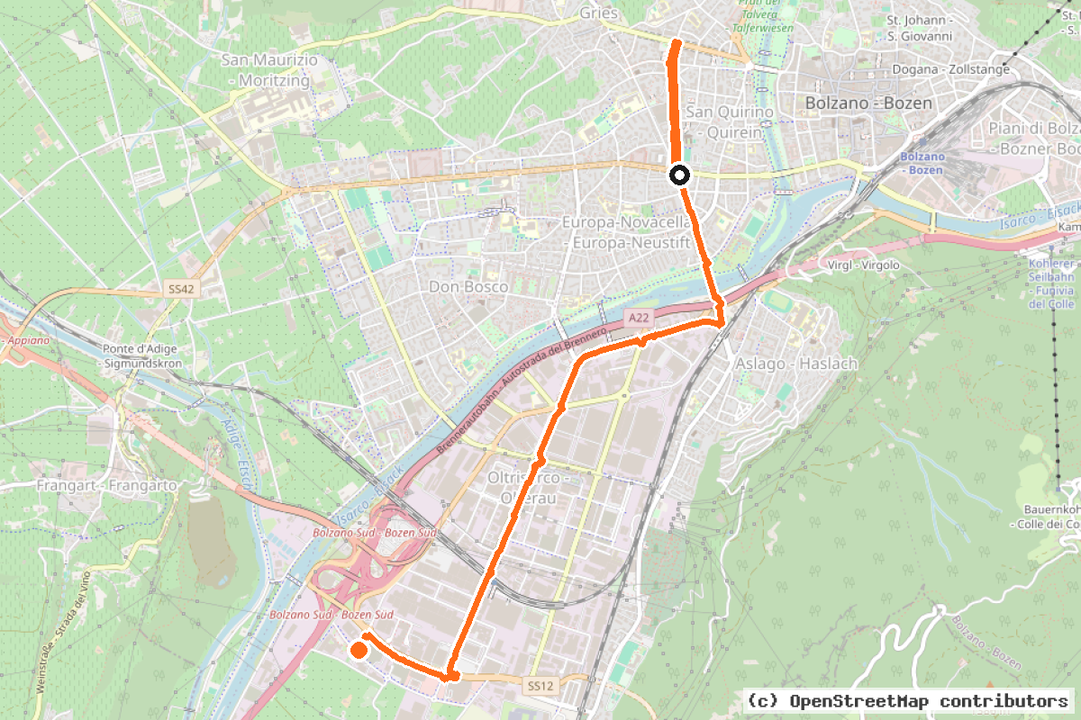 Il tracciato del percorso Gries – Fiera/Messe – Bolzano Sud / Bozen Süd (R7)