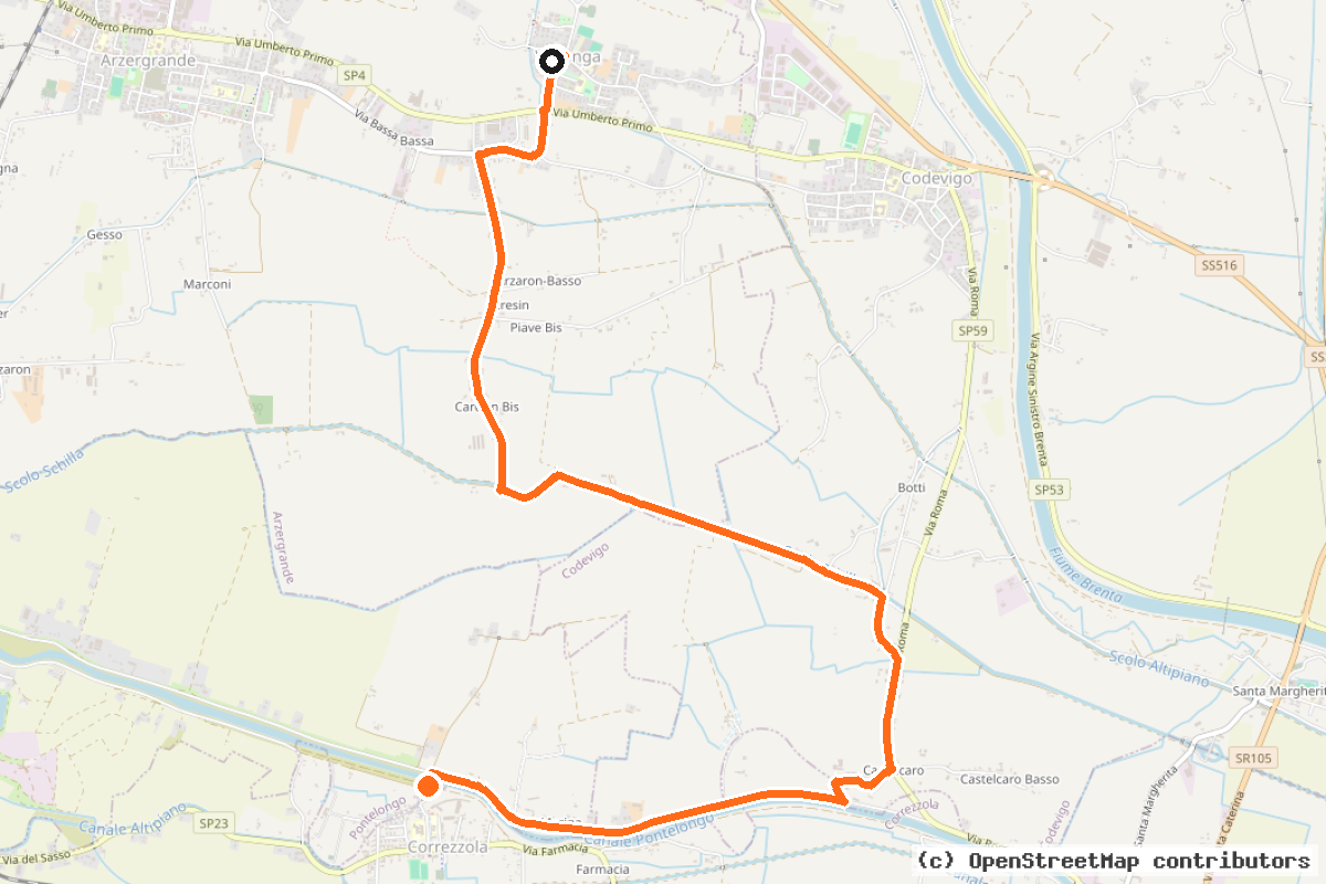 Il tracciato del percorso Itinerario dei casoni veneti (I1-I2)