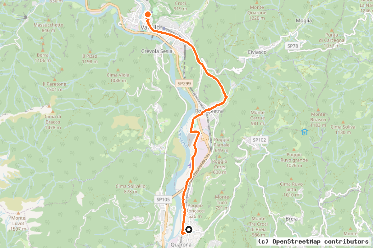 Il tracciato del percorso Ciclabile Borgosesia-Varallo (PCV4)