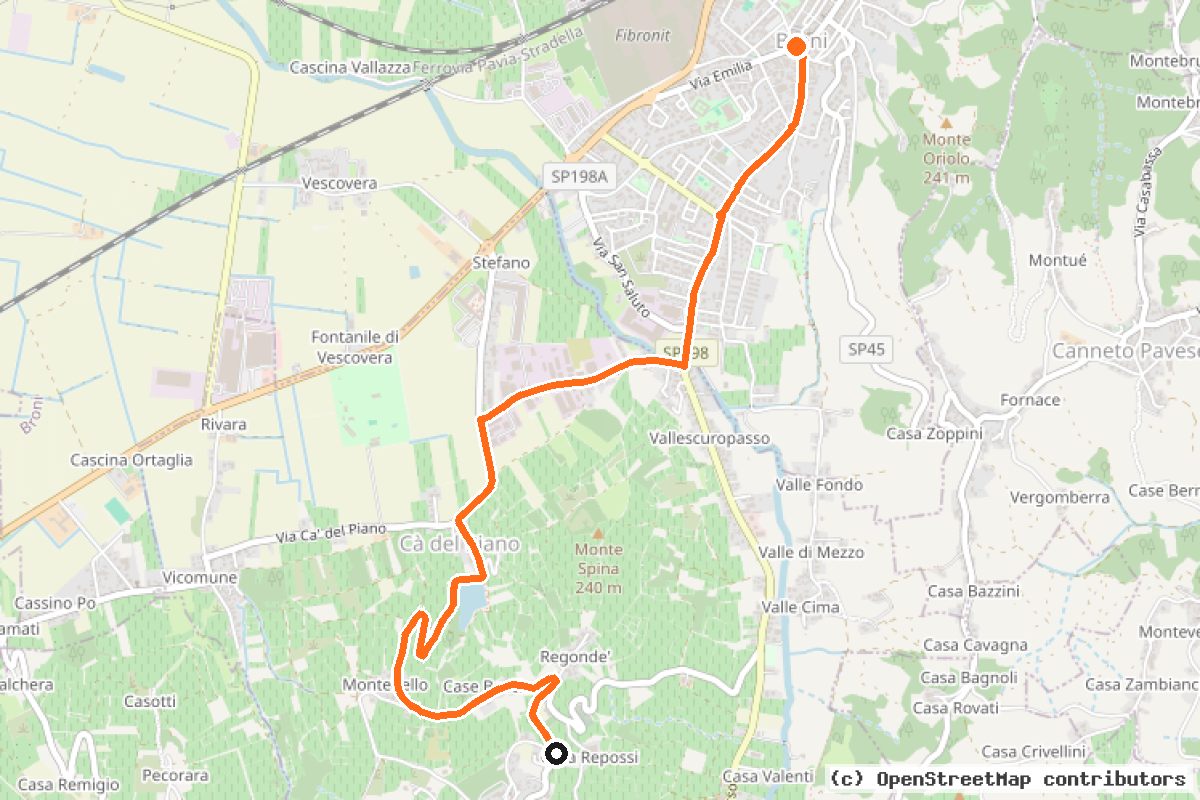 Il tracciato del percorso S.Giuletta-Broni sul vecchio tracciaato della via Aemilia Scauri