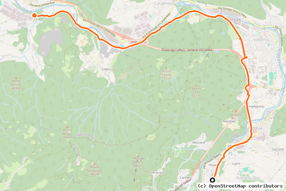Il tracciato del percorso Villanuova – Tormini – Roè Volciano