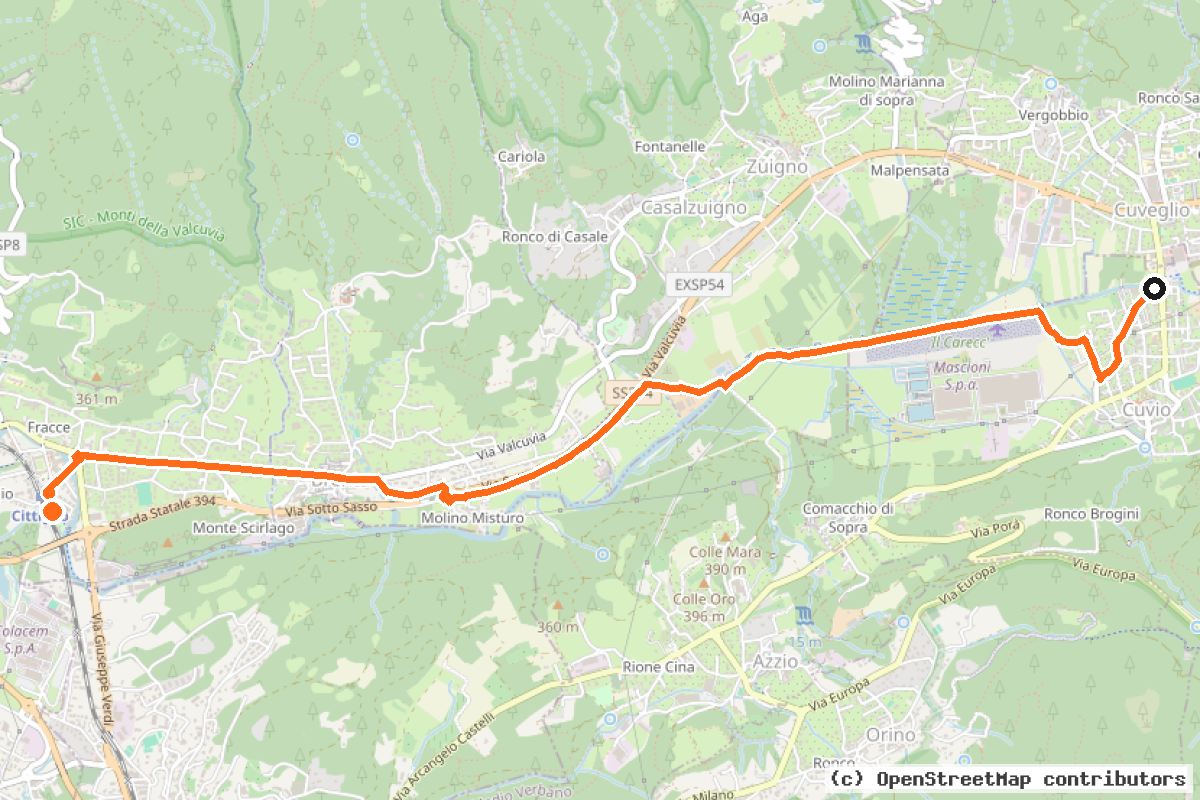 Il tracciato del percorso Percorso Ciclopedonale Cuvio – Cittiglio