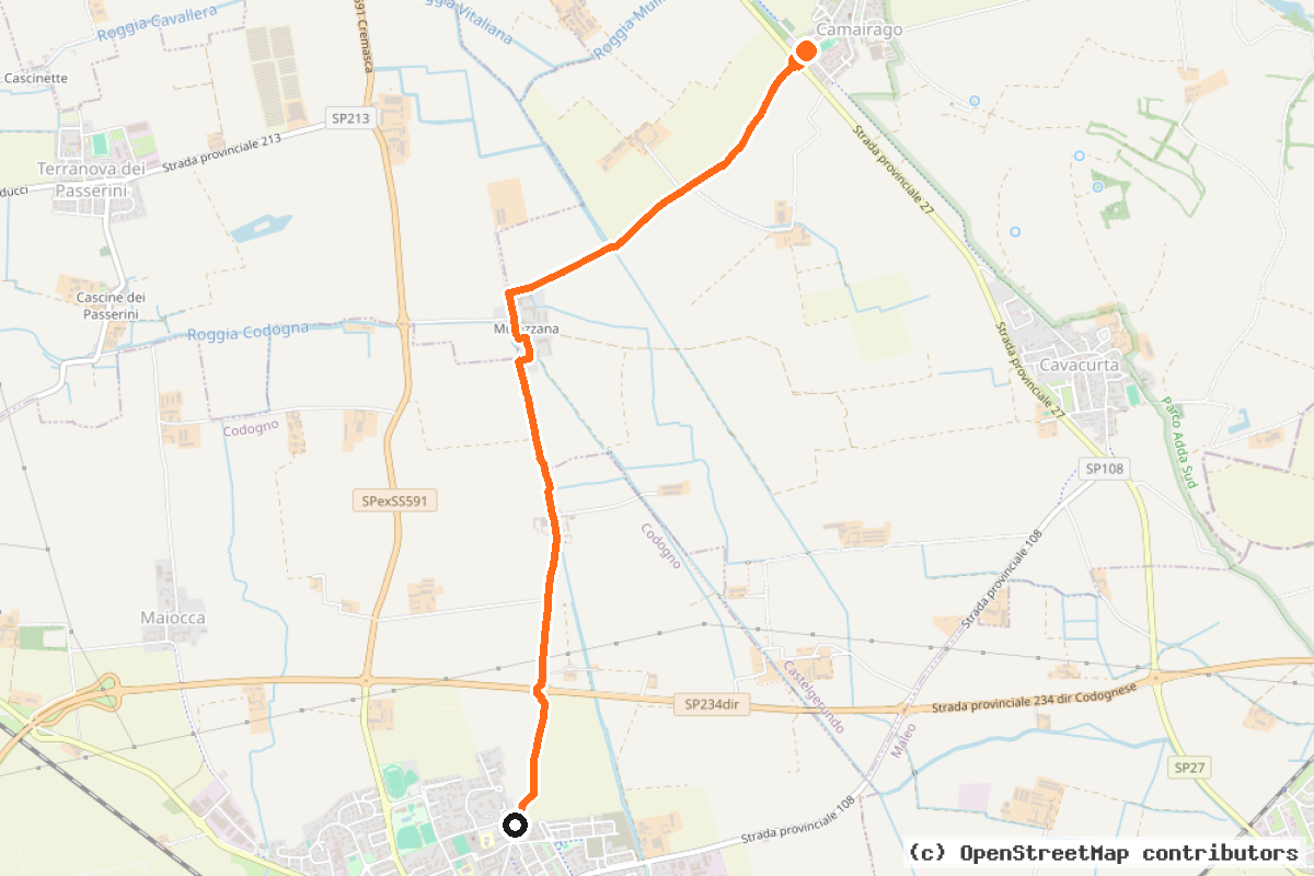 Il tracciato del percorso Percorso ciclabile Codogno-Camairago