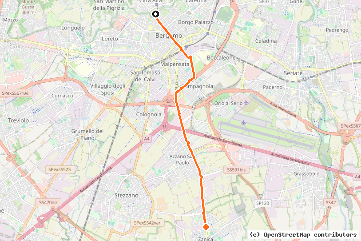 Il tracciato del percorso Bergamo-Zanica (A7)