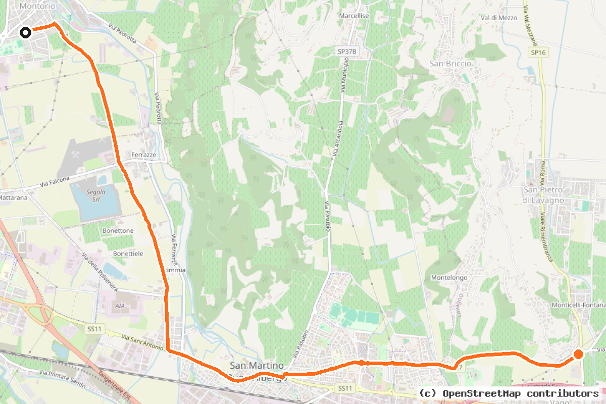 Il tracciato del percorso BI-12 – Ciclovia Pedemontana Alpina – variante (BI12)
