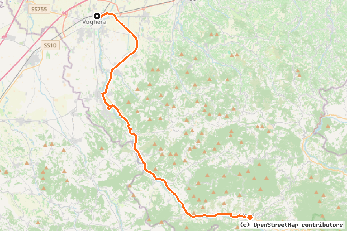 Il tracciato del percorso Greenway Voghera-Varzi