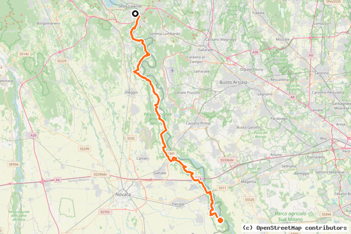 Il tracciato del percorso Dorsale Cerano-Castelletto Ticino (DOR01)