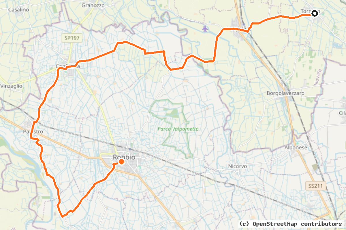 Il tracciato del percorso da Vigevano a Robbio 56 km (Lomellina Quattro)