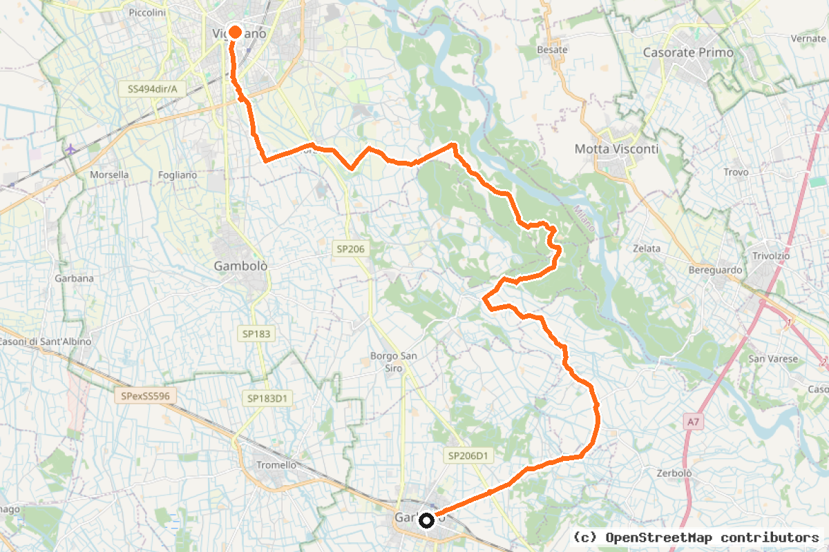 Il tracciato del percorso da Garlasco a Vigevano 29 km (Lomellina Tre)