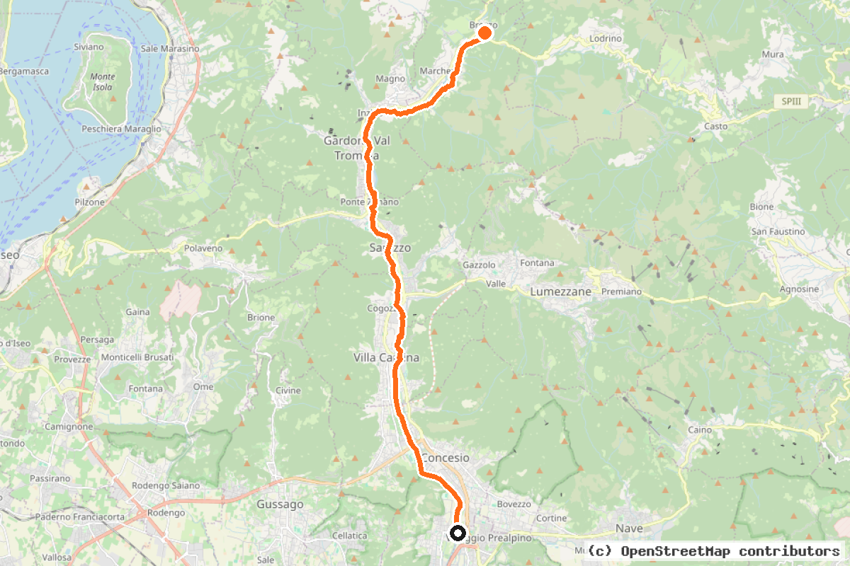 Il tracciato del percorso Corridoio Ciclo Culturale di Valle Trompia
