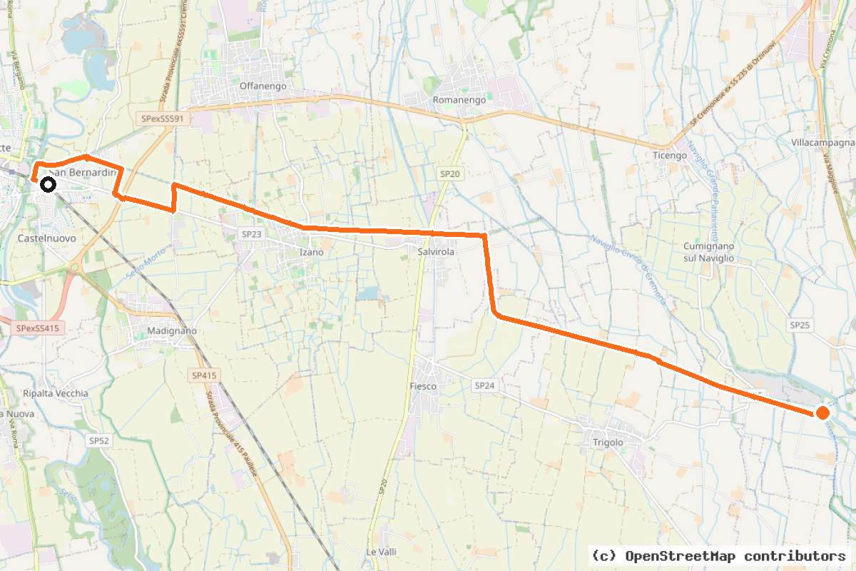 Il tracciato del percorso Ciclabile del Canale Vacchelli (CR – CCV)